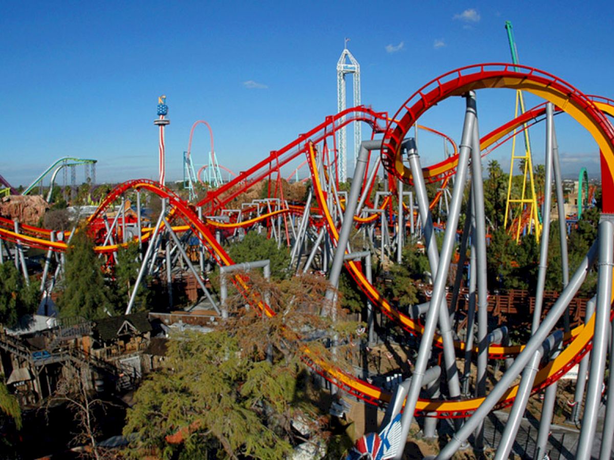 The image shows a colorful and winding roller coaster at an amusement park, surrounded by trees and other attractions, under a clear blue sky.