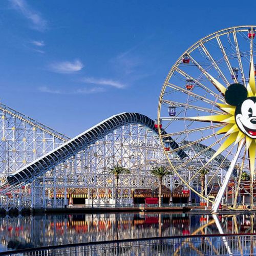 The image shows an amusement park with a large Ferris wheel featuring a famous cartoon character and a roller coaster labeled 